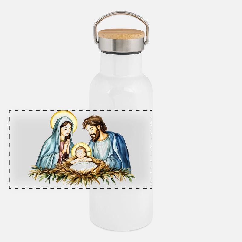 Weihnachtspullover Weihnachten an der Krippe Jesus Panorama Thermosflasche mit Bambusdeckel