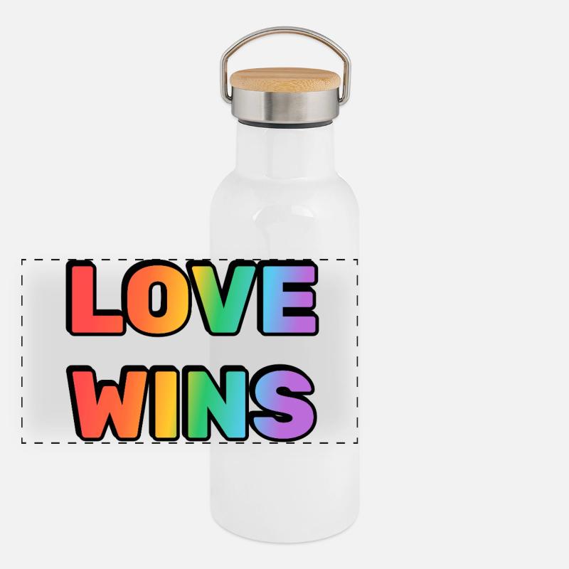 Love Wins Rainbow Gradient Text LGBT Panorama Thermosflasche mit Bambusdeckel