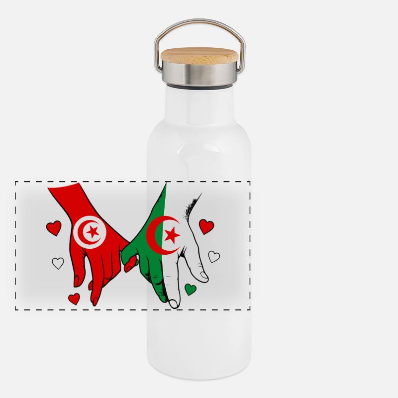 Tunisie-Algérie Drapeau main dans la main Gourde isotherme avec bouchon en bambou