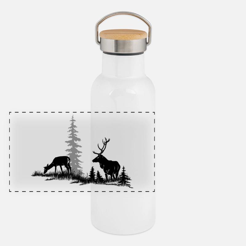 Rothirsch im Wald Panorama Thermosflasche mit Bambusdeckel