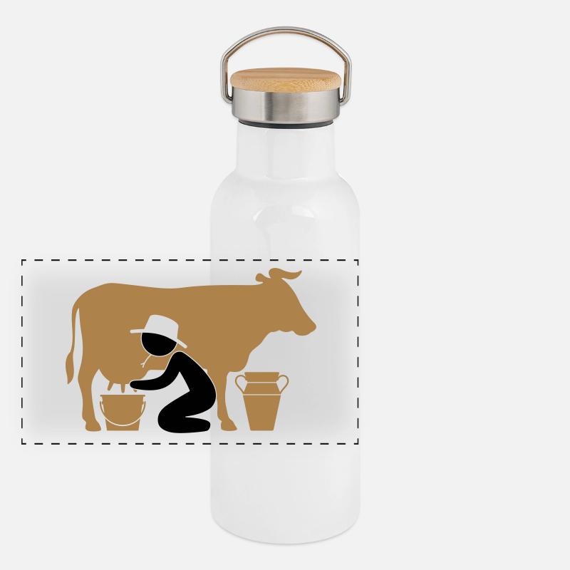 Bauer beim Melken einer Kuh Panorama Thermosflasche mit Bambusdeckel