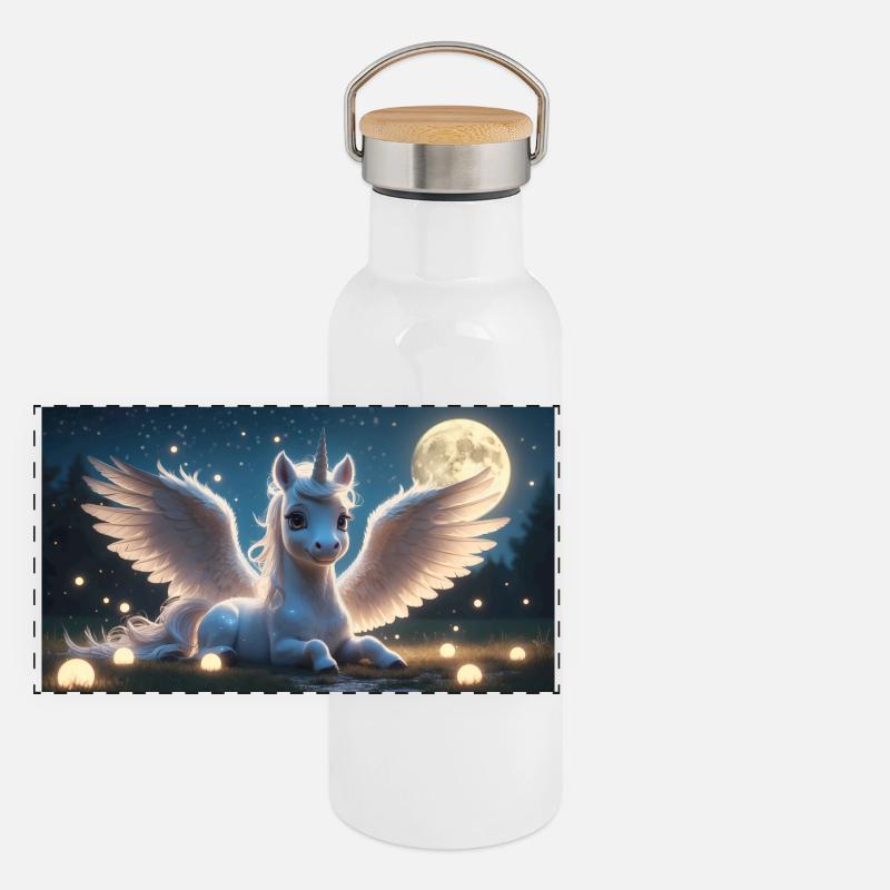 White Unicorn with Wings Panoramic Thermal Bottle with Bamboo Lid