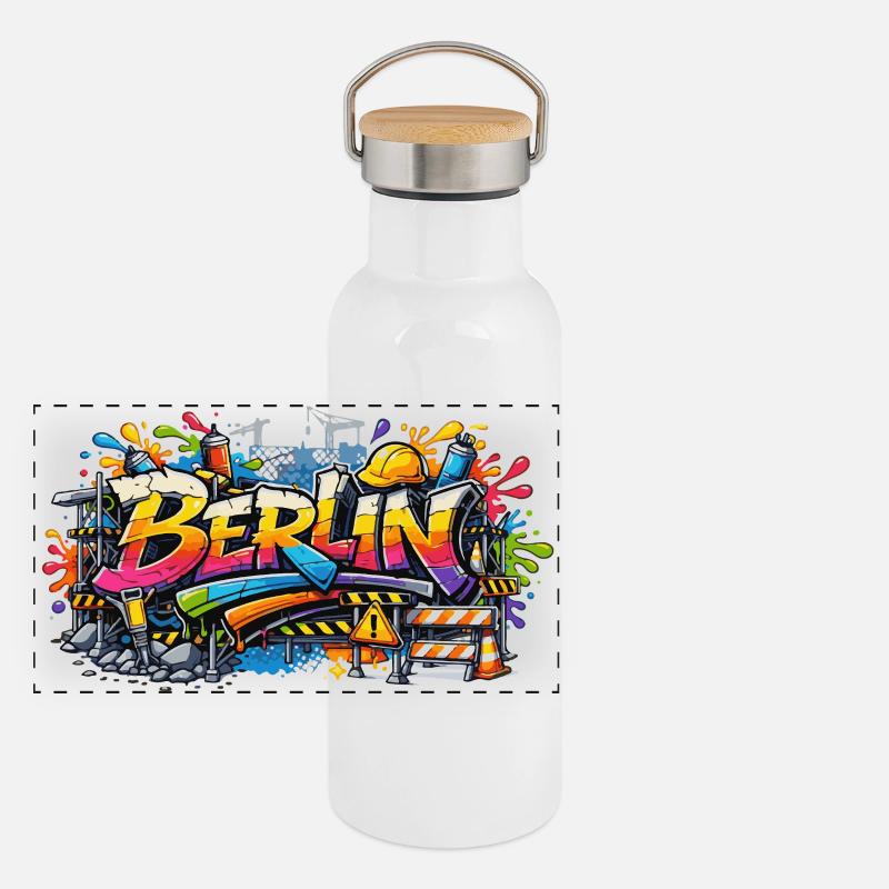 Berlin Graffiti Construction Site Style with Color Effects Panoramic Thermal Bottle with Bamboo Lid