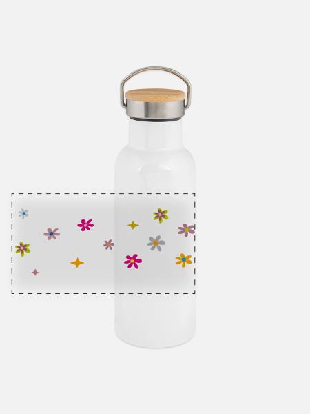 kleine Blüten - Panorama Thermosflasche mit Bambusdeckel - Weiß