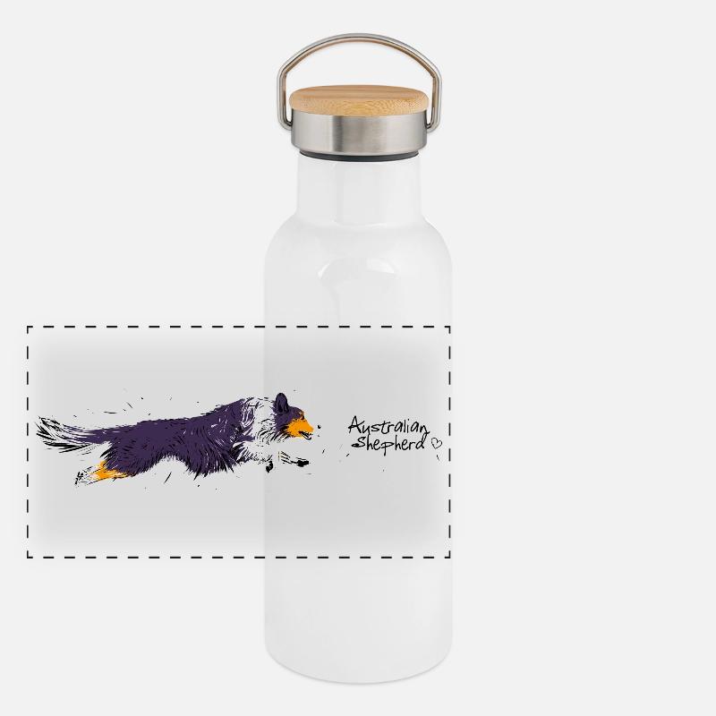 Australian Shepherd, black tri, springend Panorama Thermosflasche mit Bambusdeckel