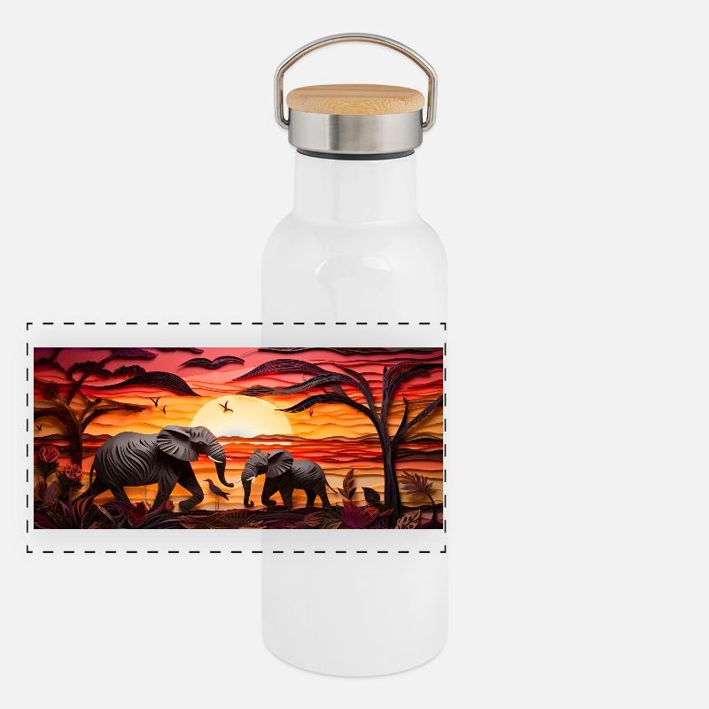 Coucher de soleil sur la savane - éléphants Gourde isotherme avec bouchon en bambou