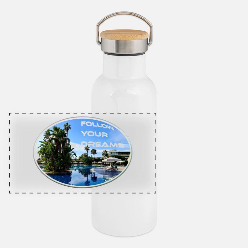 Dreams Holiday Follow Sun Beach Palm Trees Panoramic Thermal Bottle with Bamboo Lid