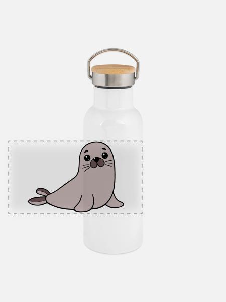 Robbe Seehund - Panorama Thermosflasche mit Bambusdeckel - Weiß