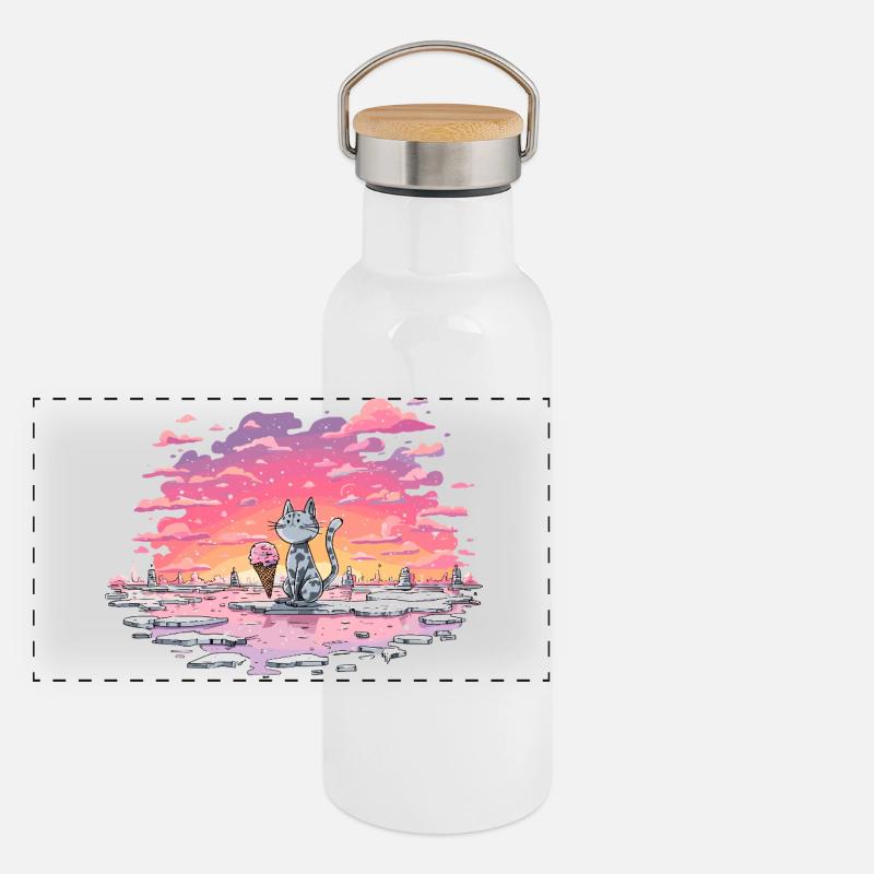 Katze mit Eis am Abendsee Panorama Thermosflasche mit Bambusdeckel
