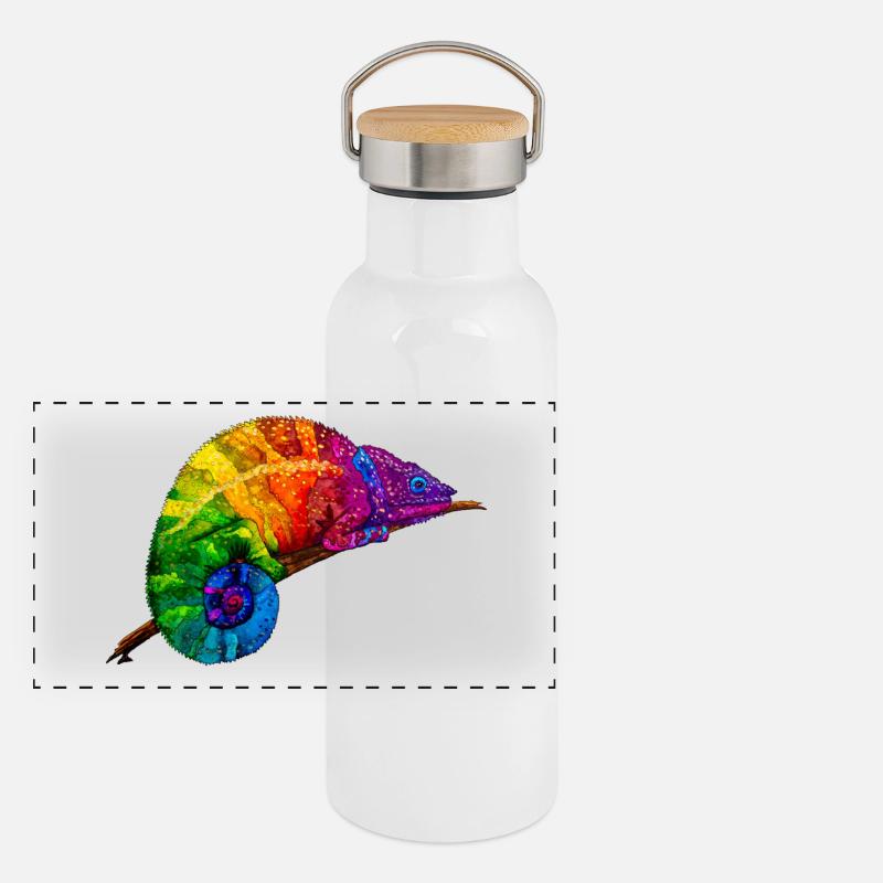 Regenbogenchamaeleon Panorama Thermosflasche mit Bambusdeckel