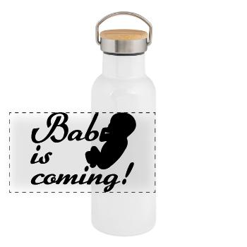 Baby is coming Geburt, Schwangerschaft, Geschenk - Panorama Thermosflasche mit Bambusdeckel - Weiß - Vorne