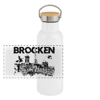 Brocken im Harz - Panorama Thermosflasche mit Bambusdeckel - Weiß - Vorne