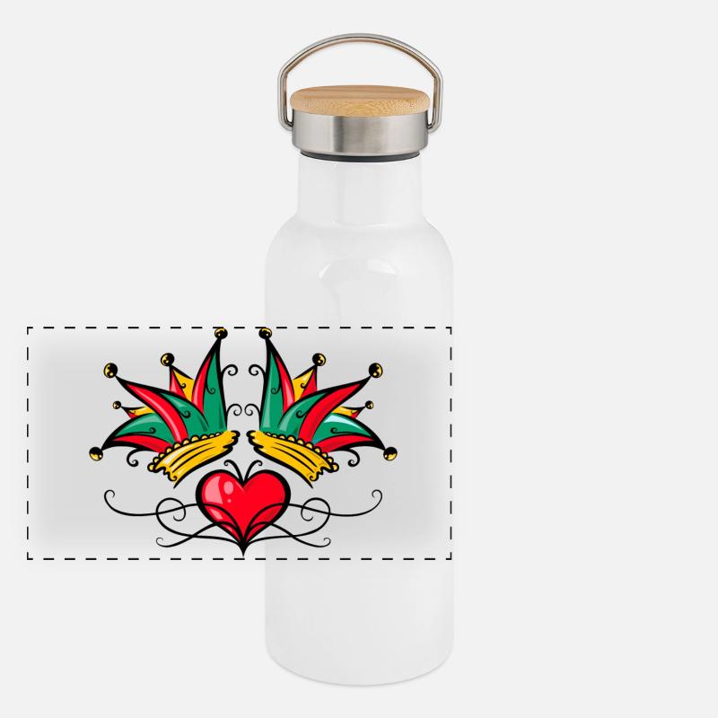 Narrenkappe Karneval Herz Tattoo Panorama Thermosflasche mit Bambusdeckel