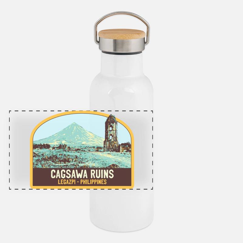 Ruinen von Cagsawa, Vulkan Mayon, Philippinen Panorama Thermosflasche mit Bambusdeckel