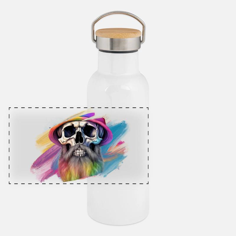 Bunte Regenbogen-Totenkopf-Designe Panorama Thermosflasche mit Bambusdeckel