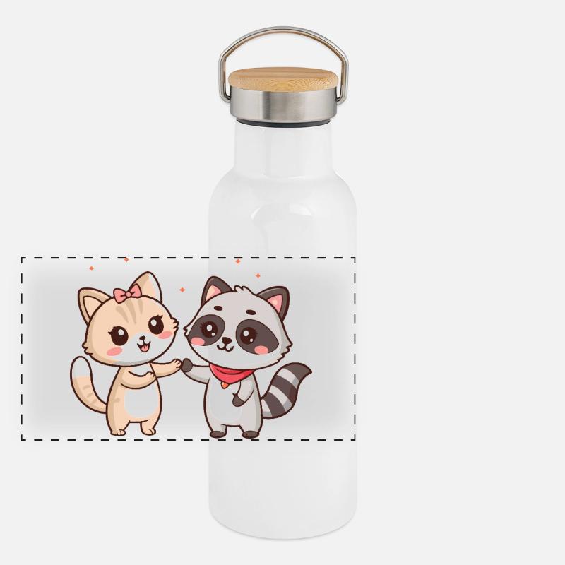 Kawaii-Freundschaft: Katze und Waschbär Panorama Thermosflasche mit Bambusdeckel