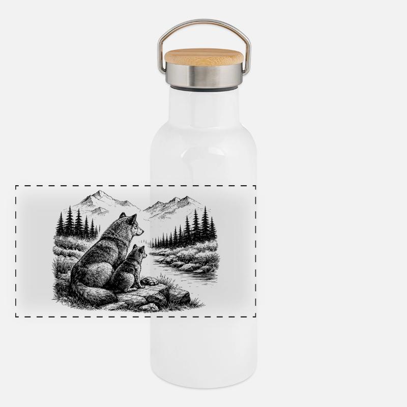 Wolf und Kind in der Natur – Berge, Wald, Fluss Panorama Thermosflasche mit Bambusdeckel
