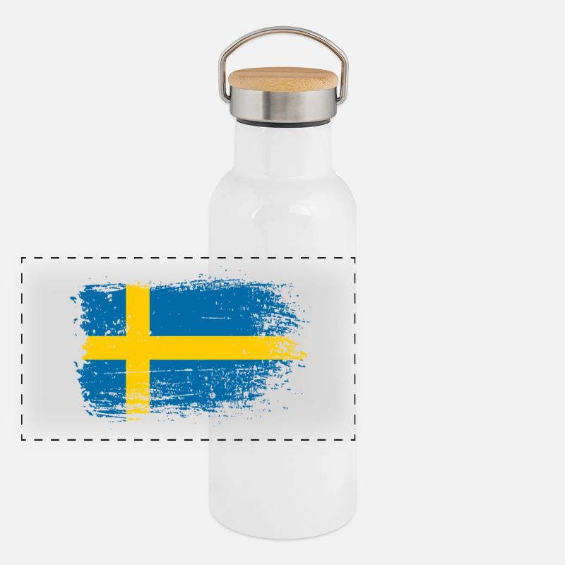 Distressed Swedish Flag Brush Panoramic Thermal Bottle with Bamboo Lid