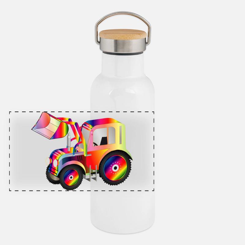 Traktor Frontlader in bunten RegenbogenFarben Panorama Thermosflasche mit Bambusdeckel