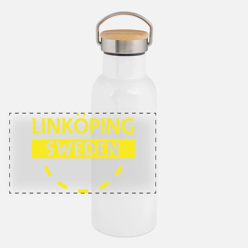 Linköping Schweden Neon Text Panorama Thermosflasche mit Bambusdeckel