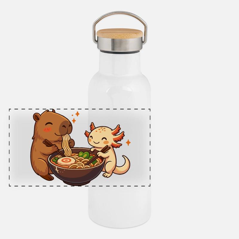 Capybara with Axolotl Eats Noodles Ramen kawaii Panoramic Thermal Bottle with Bamboo Lid