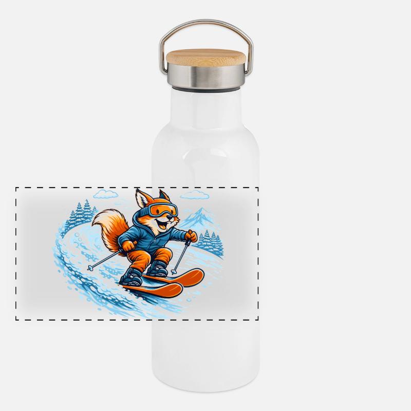 Funny Ski Fox – Comic Winter Motif Panoramic Thermal Bottle with Bamboo Lid