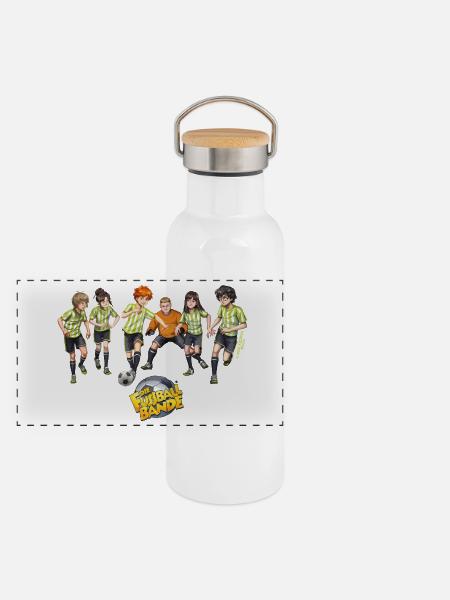 Fussballbande Mit Fußball Beim Kicken - Panorama Thermosflasche mit Bambusdeckel - Weiß - Vorne