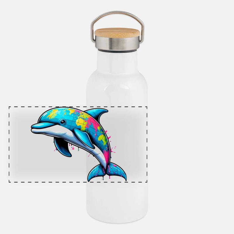 Delfin Globus Welt Planet Erde Panorama Thermosflasche mit Bambusdeckel