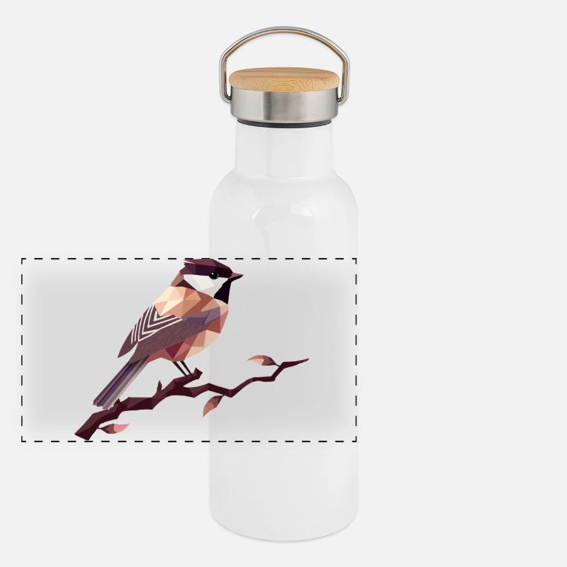 Geometrischer Singvogel – Elegante Polygonkunst Panorama Thermosflasche mit Bambusdeckel