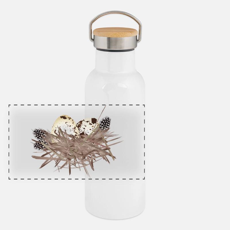 Wachtel-Eier im Nest mit Perlhuhn-Feder Panorama Thermosflasche mit Bambusdeckel