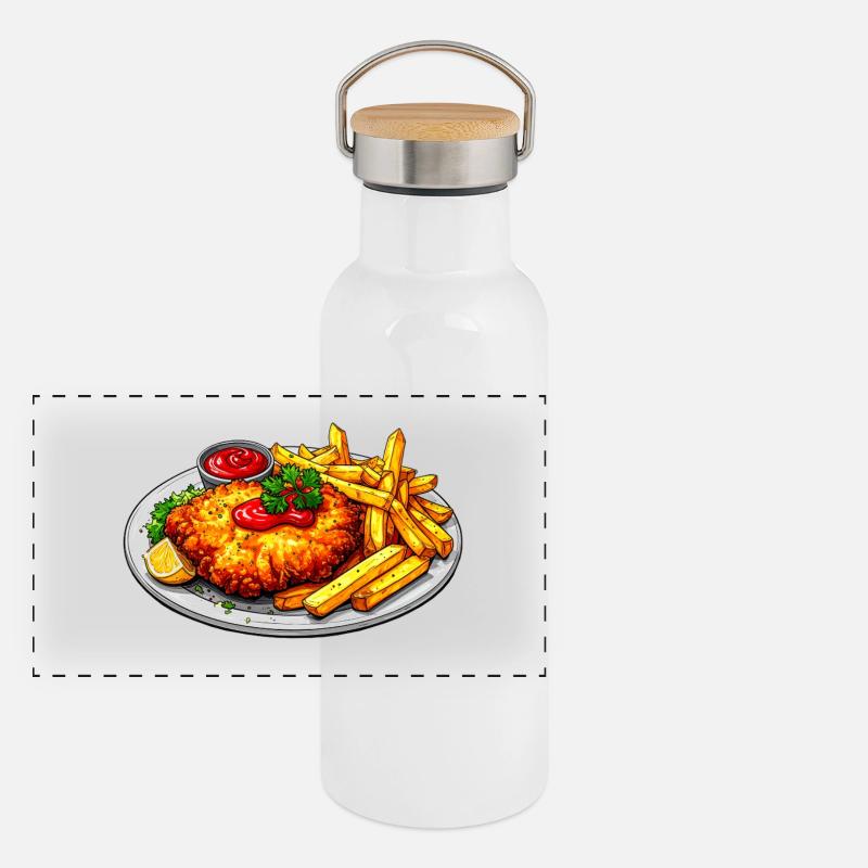 Schnitzel mit Pommes Panorama Thermosflasche mit Bambusdeckel