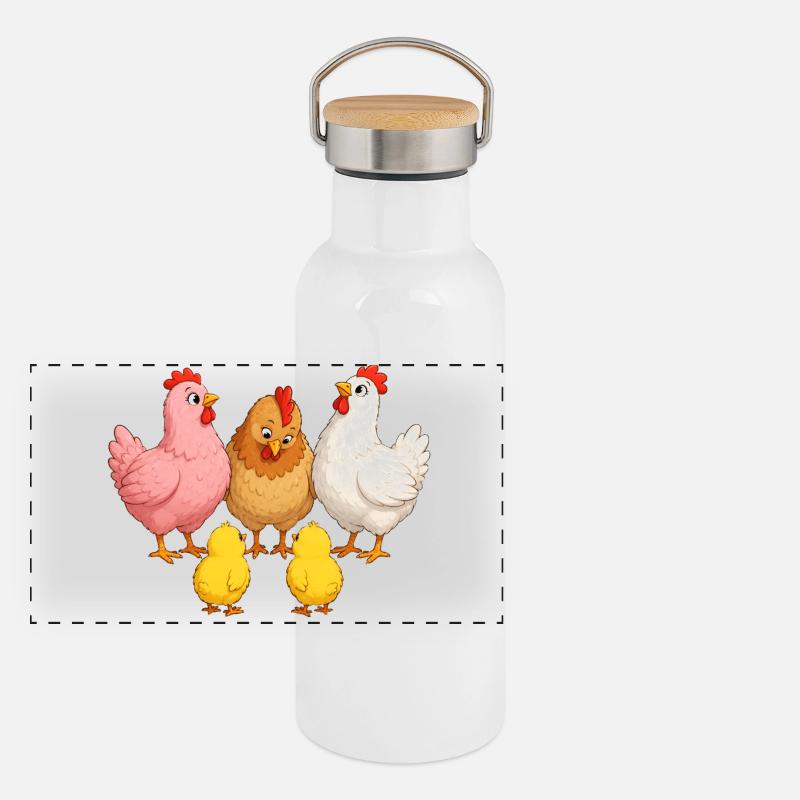 Hühner mit Kücken Panorama Thermosflasche mit Bambusdeckel