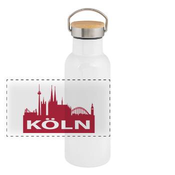 Skyline Köln - Kölner Dom - Panorama Thermosflasche mit Bambusdeckel - Weiß - Vorne