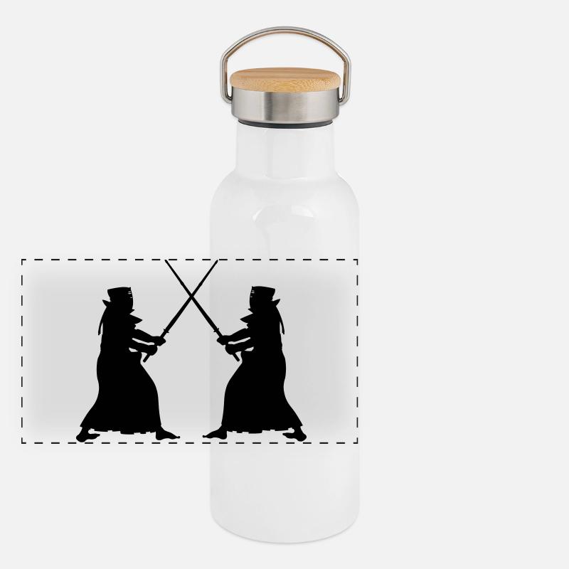 Kendo two Kendoka in fighting mode shadow figures Panoramic Thermal Bottle with Bamboo Lid