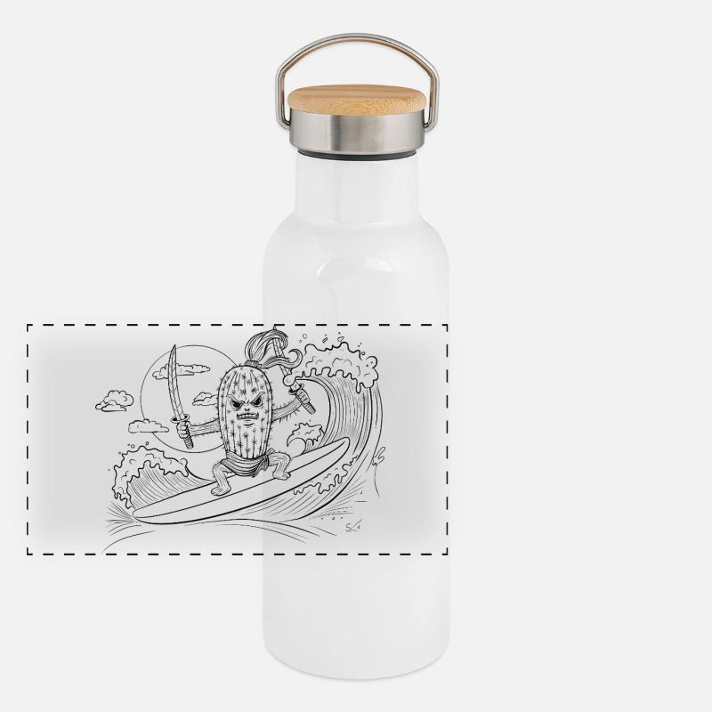 Surfer mit Samurai-Motiv Panorama Thermosflasche mit Bambusdeckel