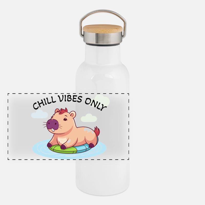 Cute Capybara - Water Glow on Surfboard - Panoramic Thermal Bottle with Bamboo Lid - white