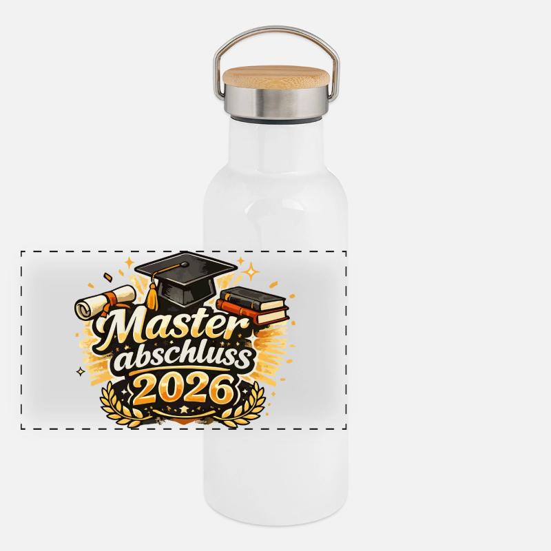 Masterabschluss 2026 - Panorama Thermosflasche mit Bambusdeckel - Weiß