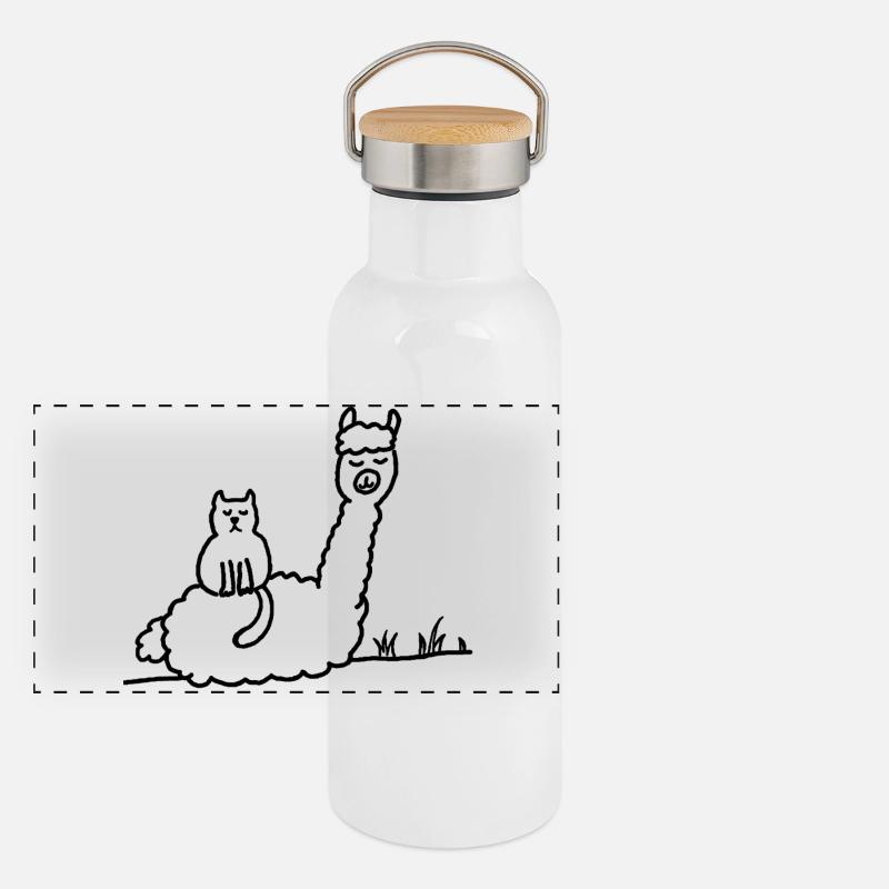 Alpaca Cat Meditation: Contours in Black - Panoramic Thermal Bottle with Bamboo Lid - white