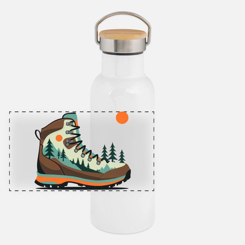 Wanderstiefel Landschaftsmotiv Panorama Thermosflasche mit Bambusdeckel