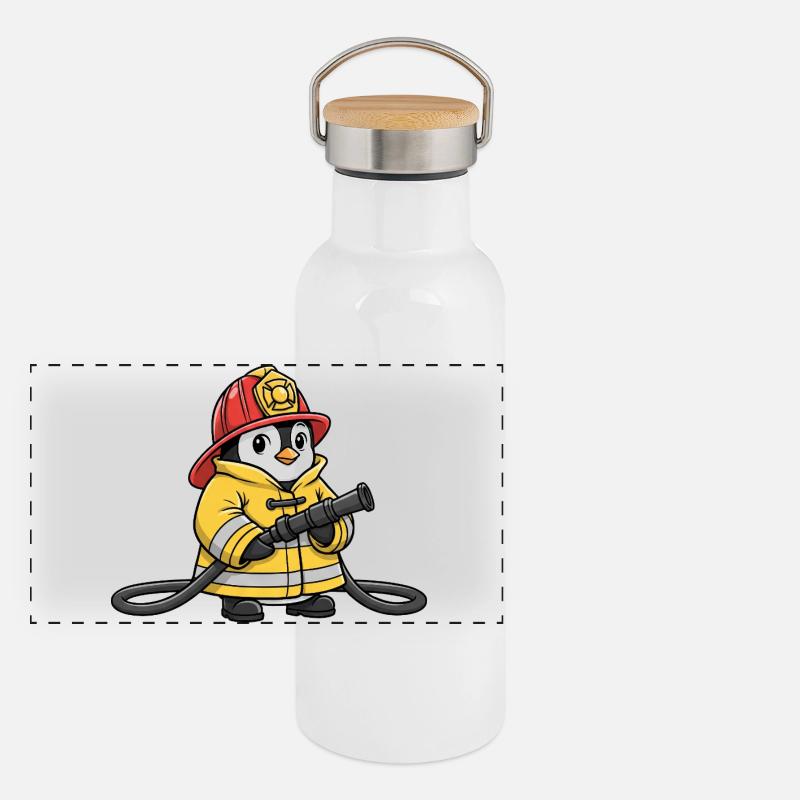 Mignon Pingouin Pompier, Sauveteur, Assistant de dessins animés, héros Gourde isotherme avec bouchon en bambou