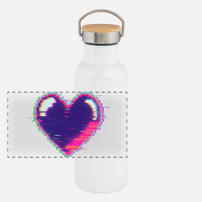 Glitchherz Neon Pixel Liebe Nerd Panorama Thermosflasche mit Bambusdeckel