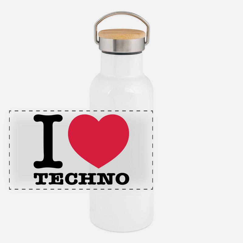 I love Techno Musik Panorama Thermosflasche mit Bambusdeckel