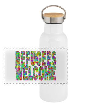 refugees welcome and many colorful butterflies - Panoramic Thermal Bottle with Bamboo Lid - white - Front