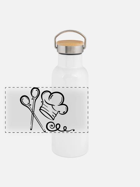 Kochmütze, Koch, Küche, Kochlöffel - Panorama Thermosflasche mit Bambusdeckel - Weiß
