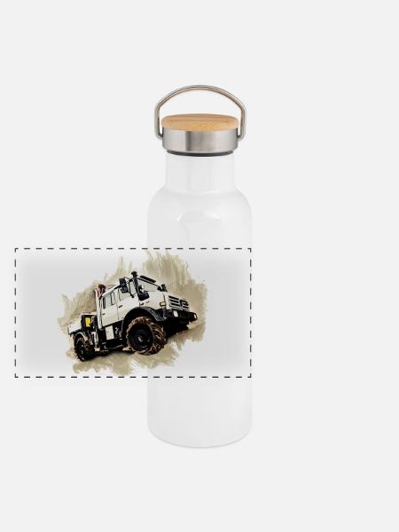 Unimog LKW - Panorama Thermosflasche mit Bambusdeckel - Weiß