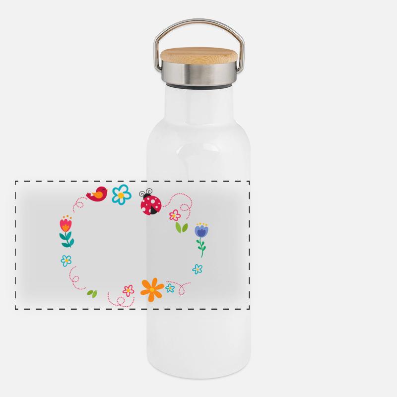 Runder Rahmen mit Blumen Marienkäfer und Vogel Panorama Thermosflasche mit Bambusdeckel