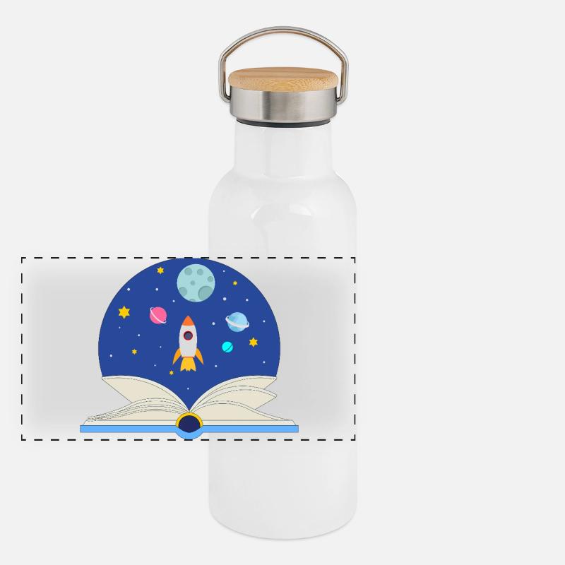 Open Book with Space Scene, Imagination and Advent Panoramic Thermal Bottle with Bamboo Lid