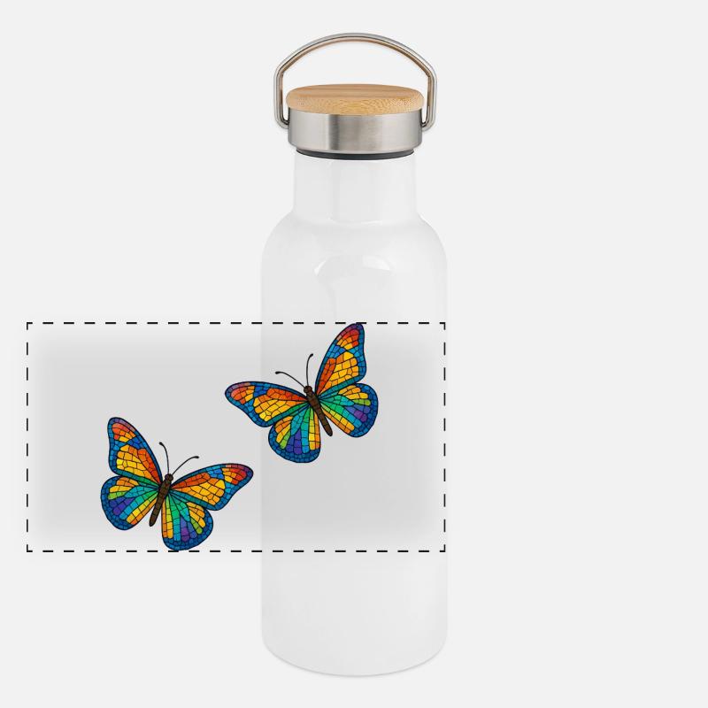 Bunte Mosaikschmetterlinge Design Panorama Thermosflasche mit Bambusdeckel