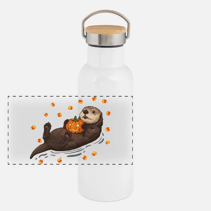Playful Otter with Pumpkin Panoramic Thermal Bottle with Bamboo Lid