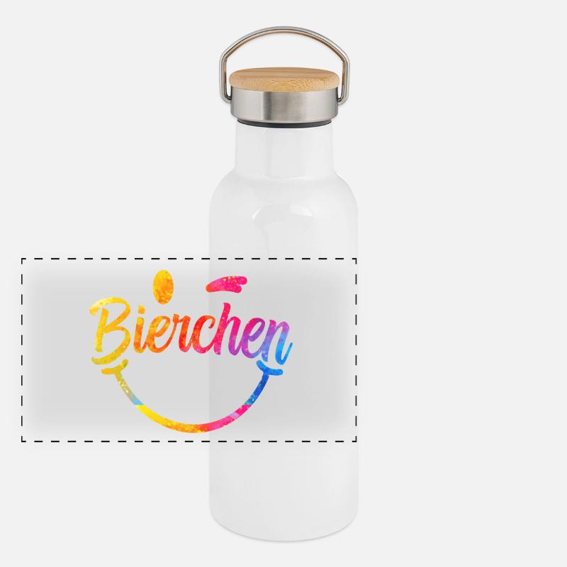 Bierchen Regenbogen Schriftzug Panorama Thermosflasche mit Bambusdeckel